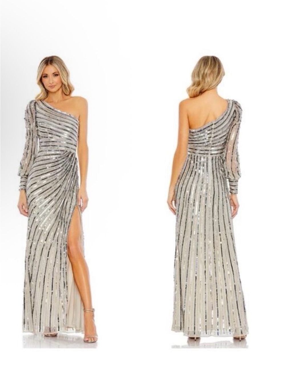 Mac Duggal Silver One-Shoulder Sequin Gown